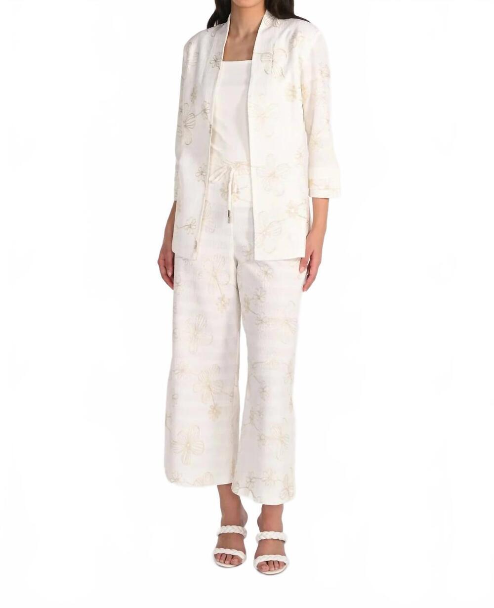 NEW FRANK LYMAN floral embroidery wide-leg pants in off white/gold